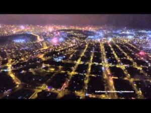 drone footage of fireworks over Lima, Peru