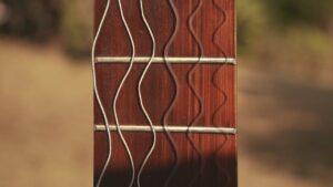 closeup of a guitar’s strings vibrating