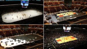 changes from a hockey rink into a basketball court
